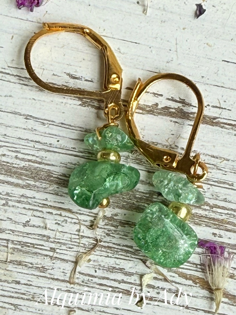 Simple Gold Leverback Earrings with Green ghost quartz Chips
